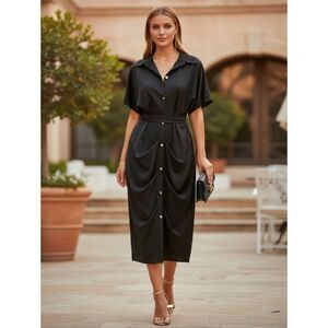 GIBIU Black Midi Shirt Dress 3X | Ruched Front Button Down | Elegant Belted Dres